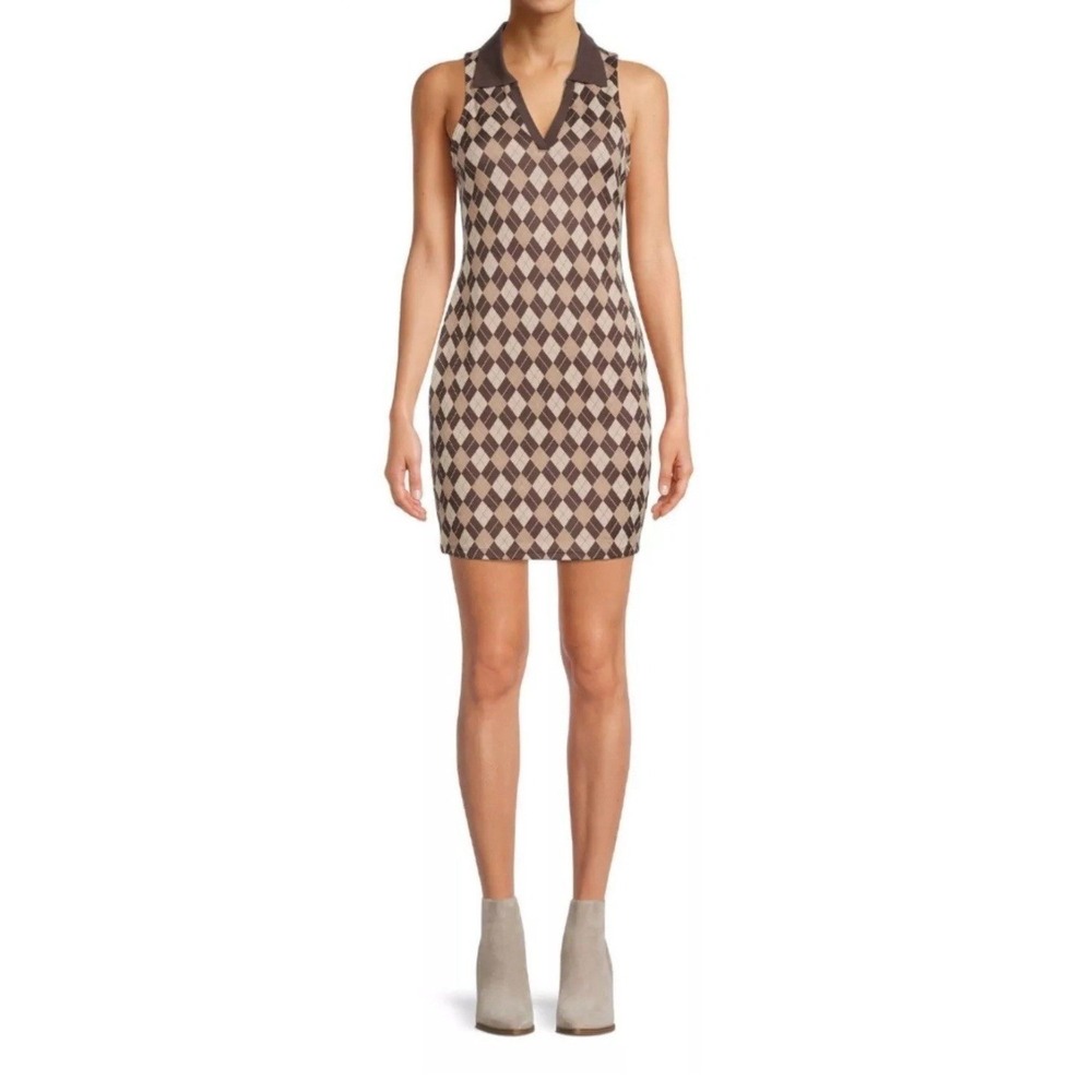 Madden NYC Argyle Polo Dress Womens Small Brown Sleeveless Mini Dark Academia
